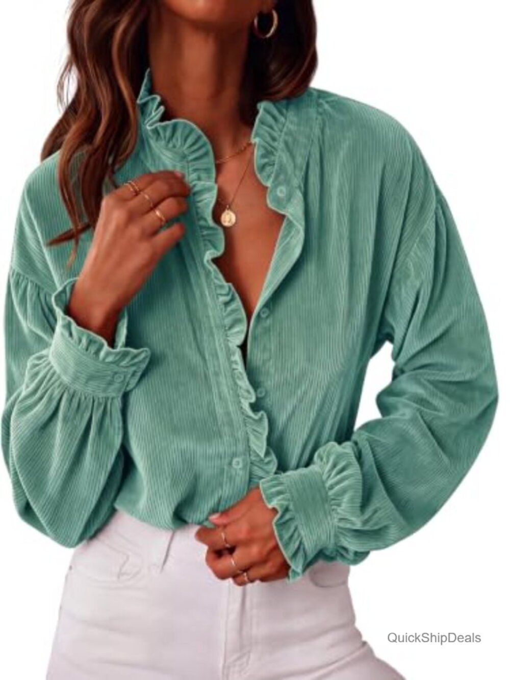 Women's Corduroy Ruffle Button Down Blouse Loose Fit Long Sleeve Top